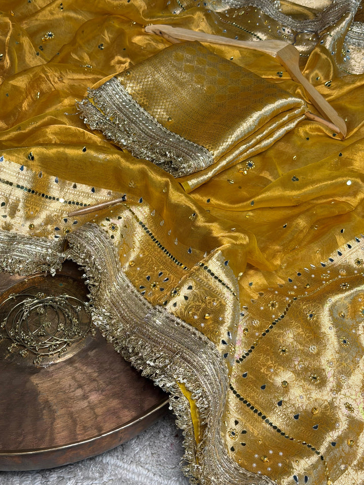 Bright Yellow Pure Tissue Ghungroo Mirror Work Saree