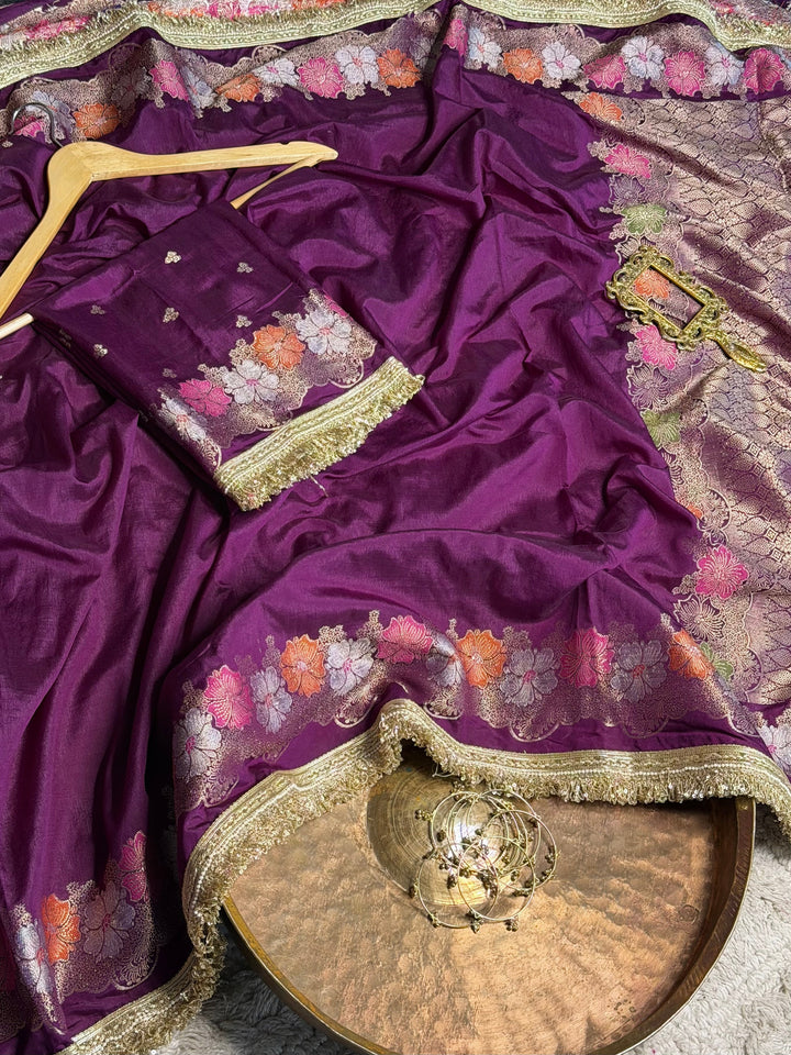 Bright Purple Warm Silk Contemporary Lace Work Saree