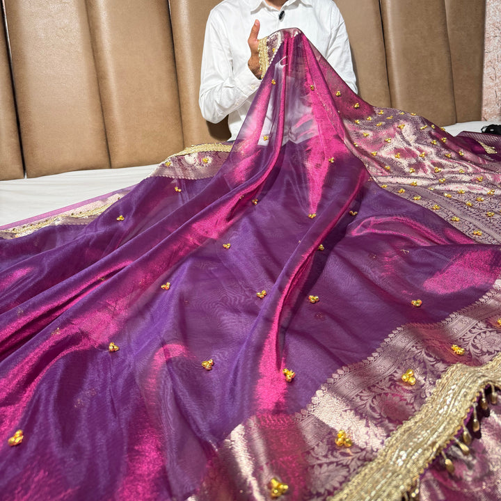 Metallic Violet Kora Tissue Viral Ghungroo Saree