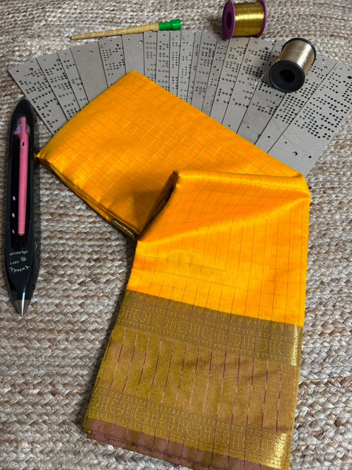 Bright yellow Checks Cotton Banarasi Saree