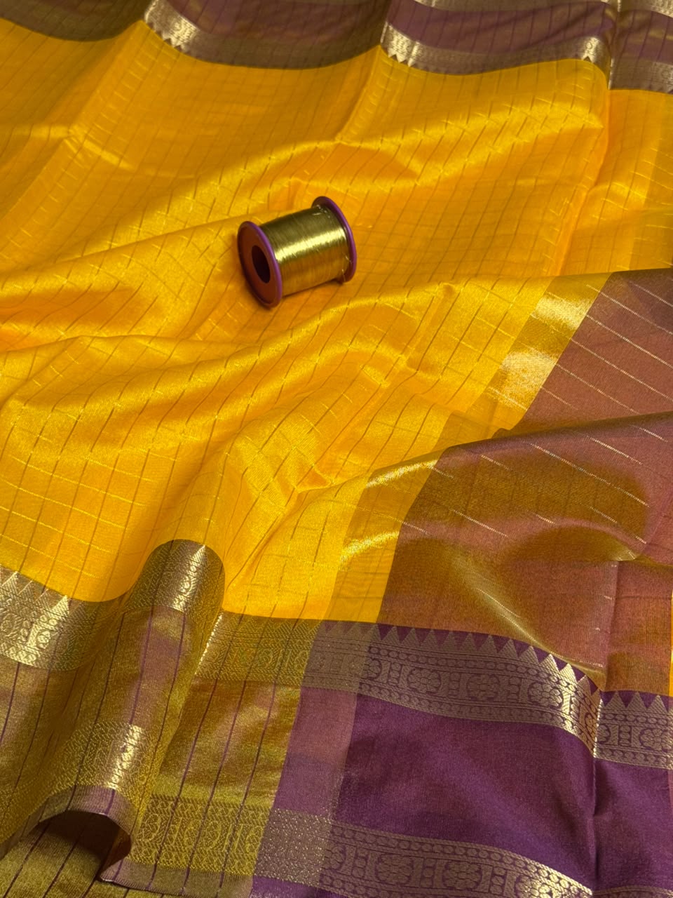 Bright yellow Checks Cotton Banarasi Saree