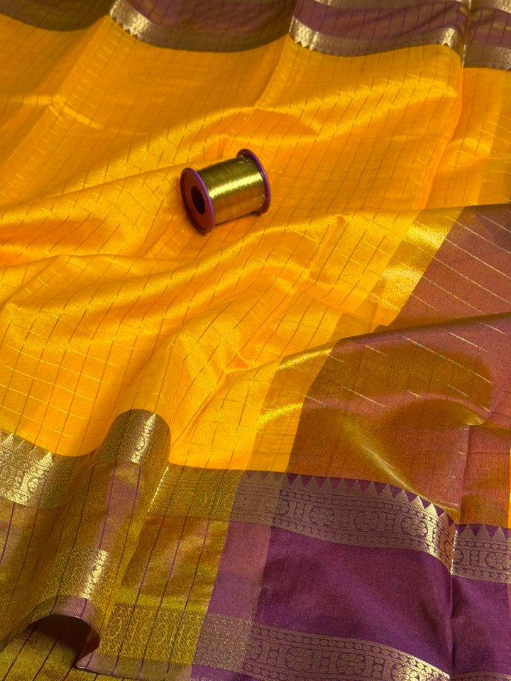 Bright yellow Checks Cotton Banarasi Saree