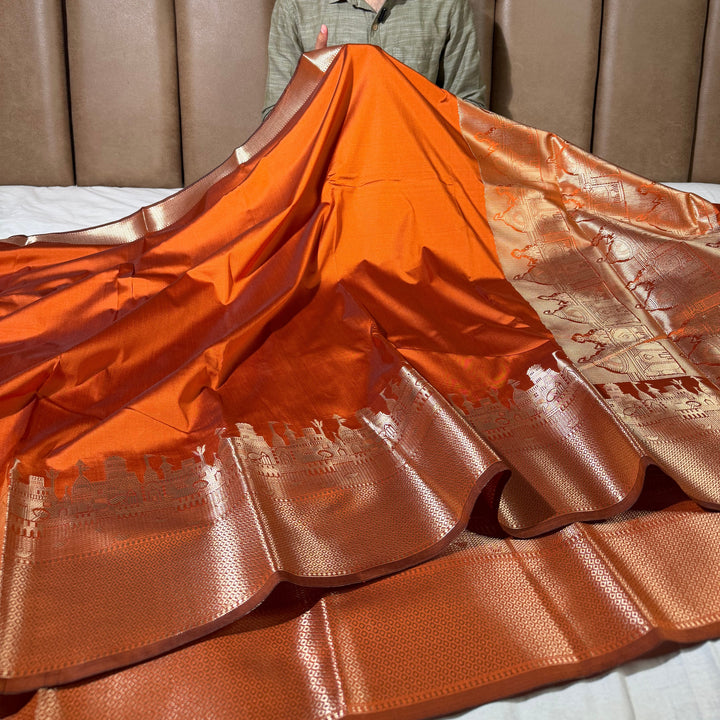 Rusted Orange Ghats Border Softsilk Banarasi Saree