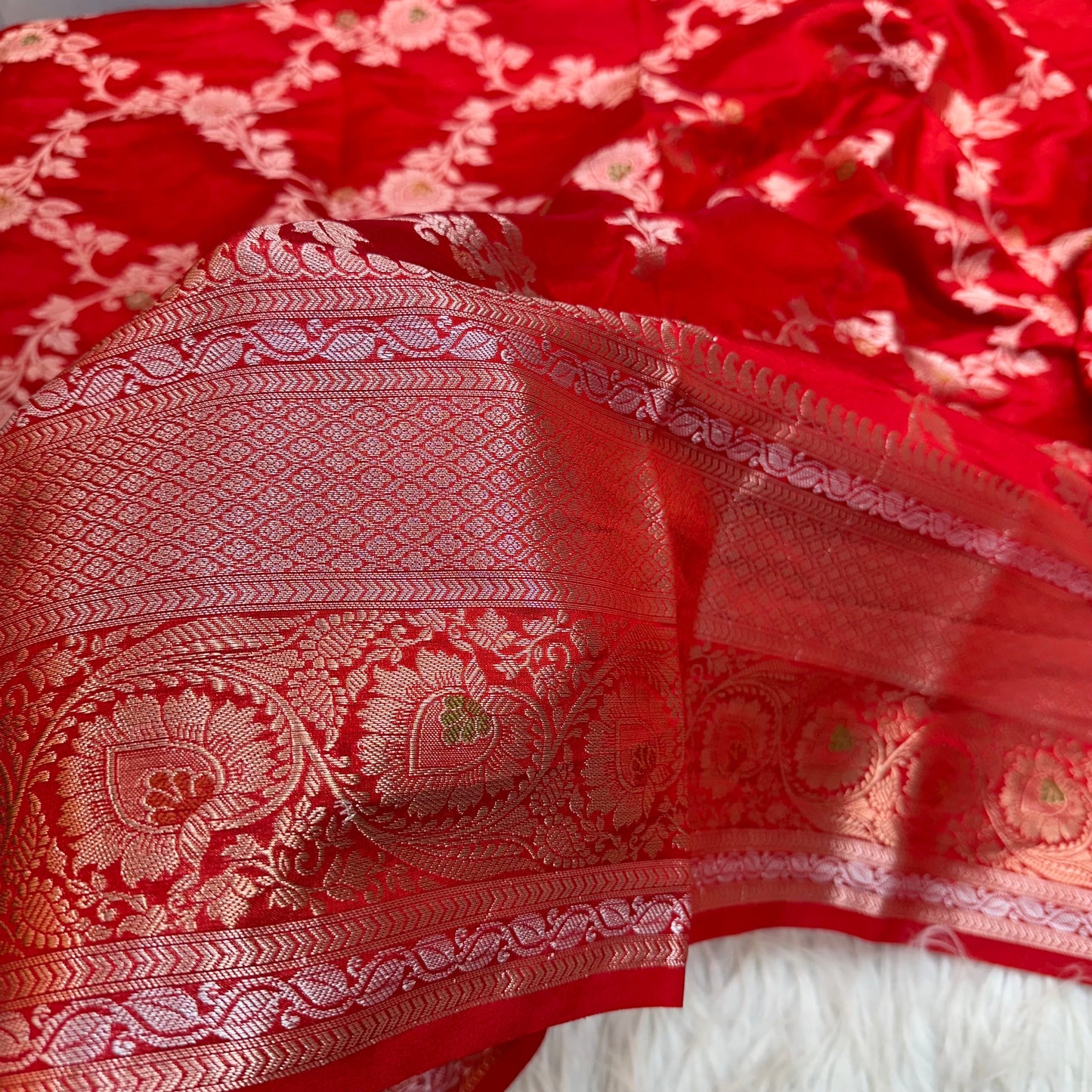 Bright Red Chinia Silk Banarasi Saree