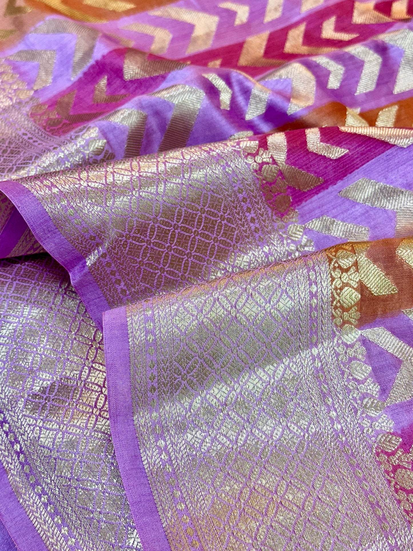 Lavender Handbrush Pure Chiniya Silk Saree