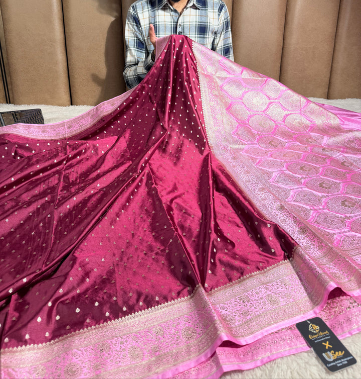 Wine-Pink  Mashru Katan Silk Zari Buti Weave Banarasi Saree