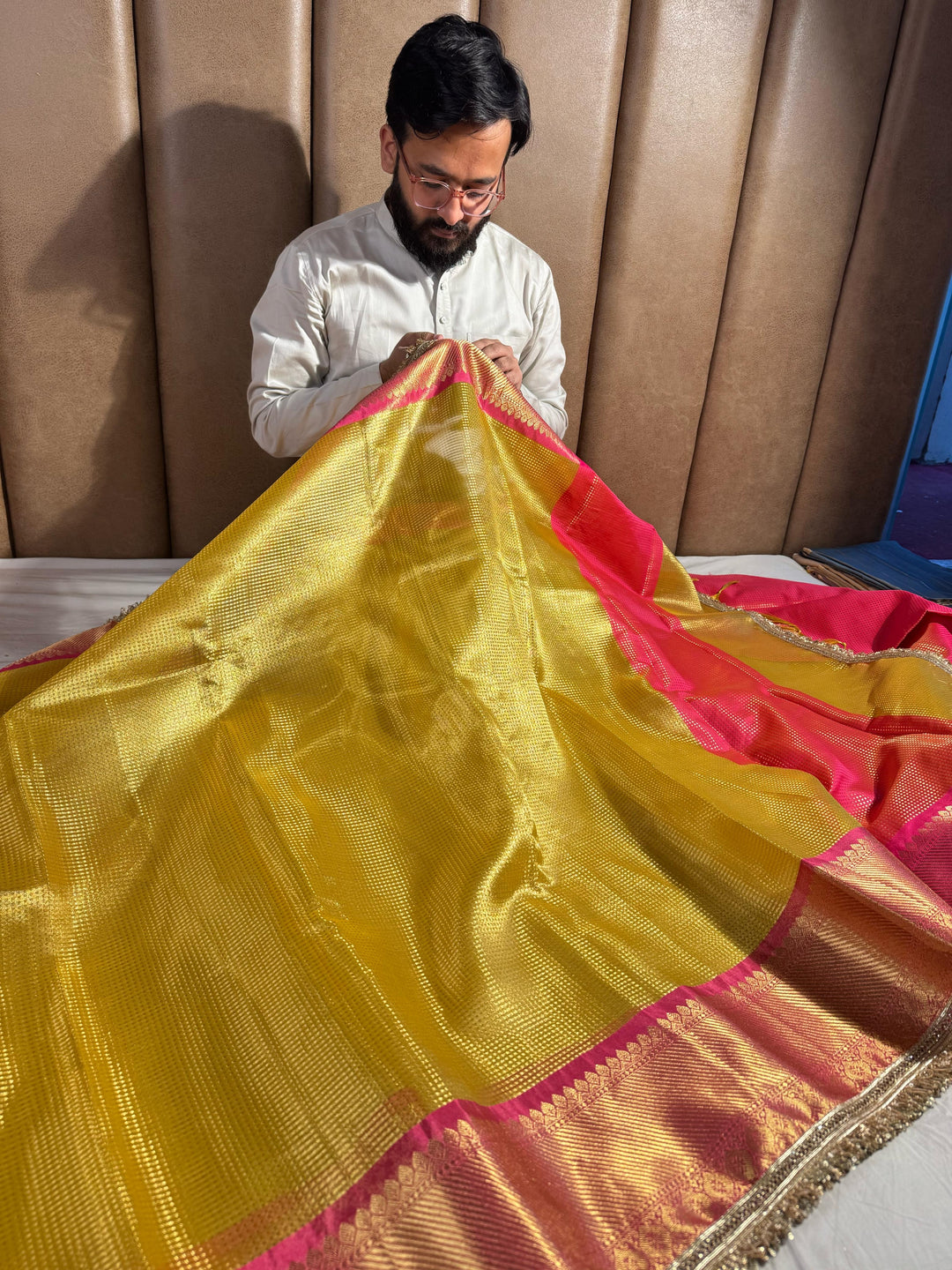 Yellow Shade Banarasi tissue silk saree with lace work