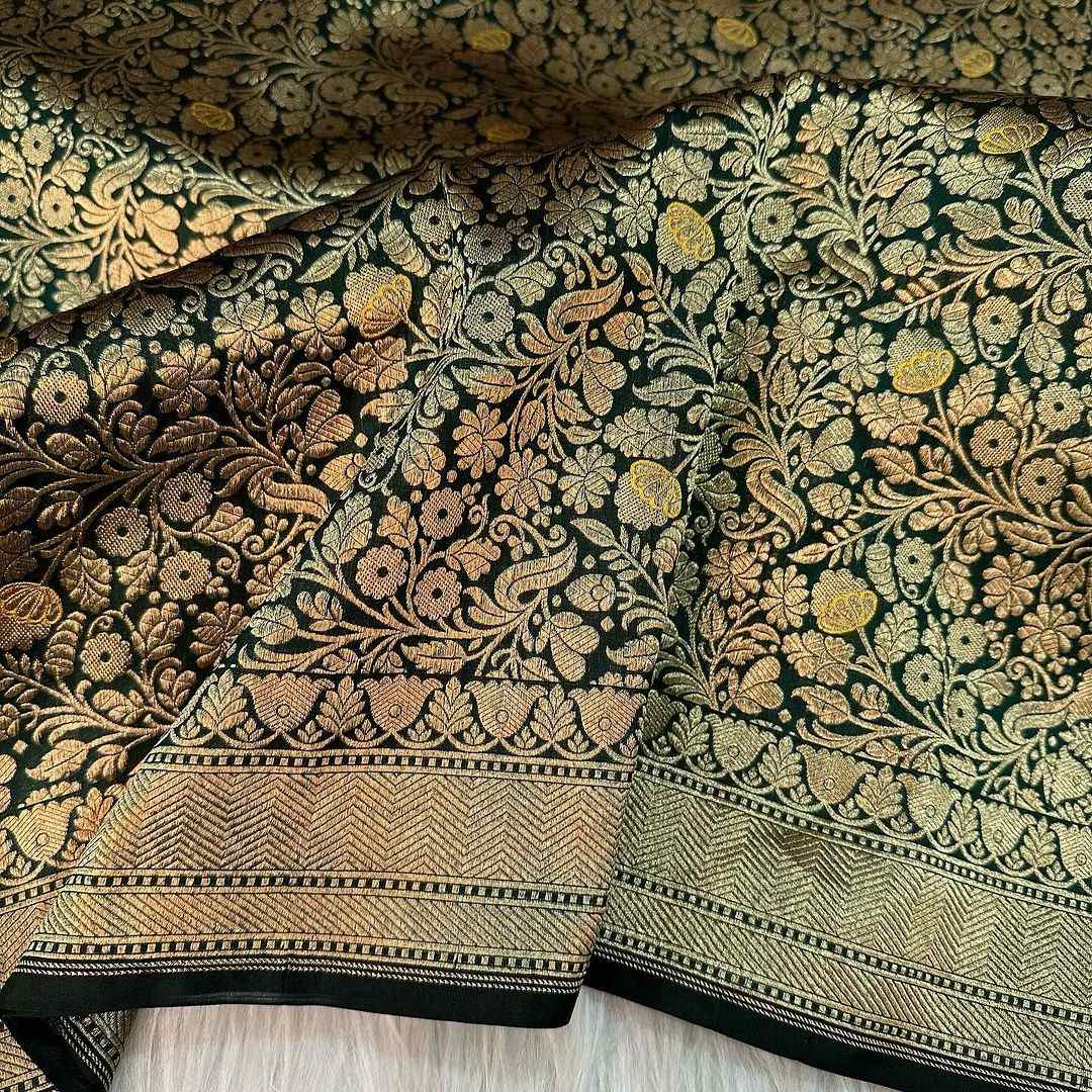 Bottle Green Shade Pure Katan Silk Banarasi Saree