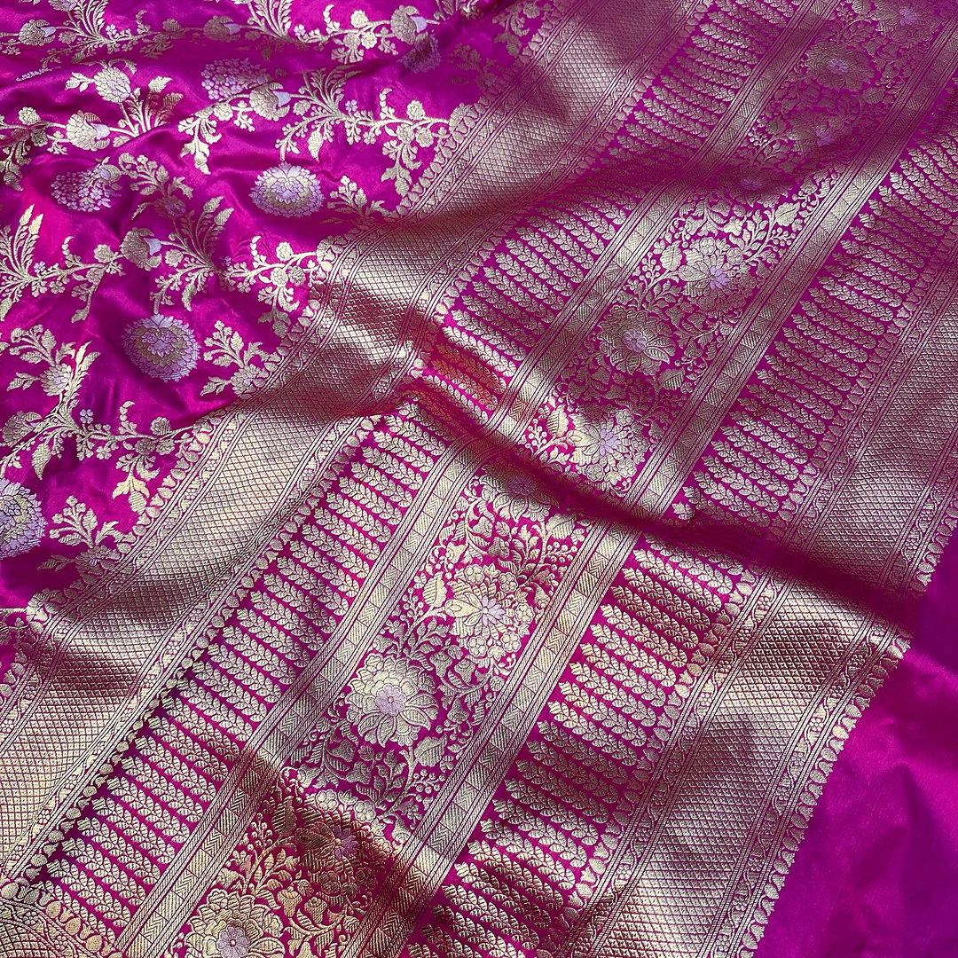 Dark Purple Shade Pure Katan Silk Banarasi Saree Weaved in Golden Zari Floral Jaal Pattern