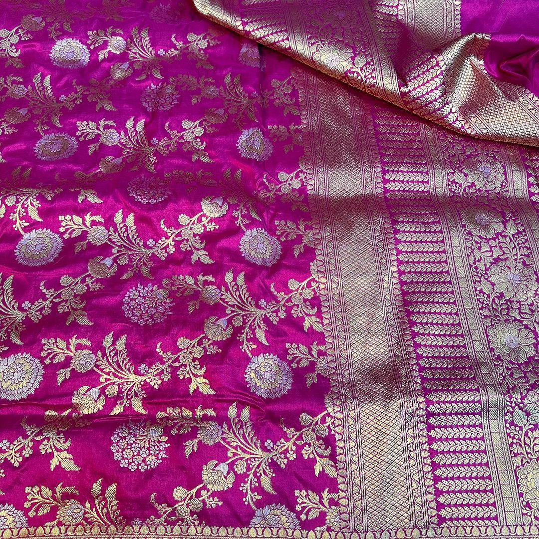 Dark Purple Shade Pure Katan Silk Banarasi Saree Weaved in Golden Zari Floral Jaal Pattern