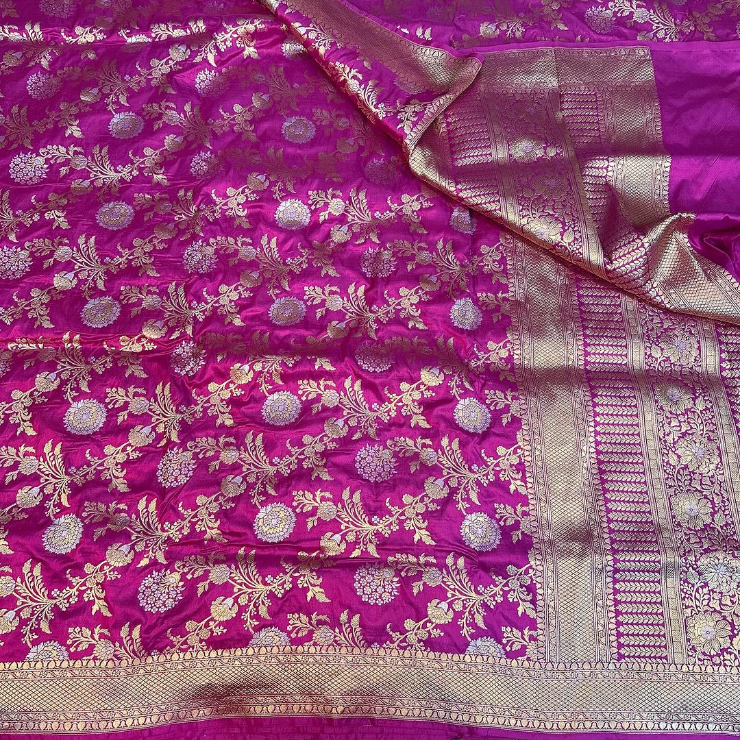 Dark Purple Shade Pure Katan Silk Banarasi Saree Weaved in Golden Zari Floral Jaal Pattern