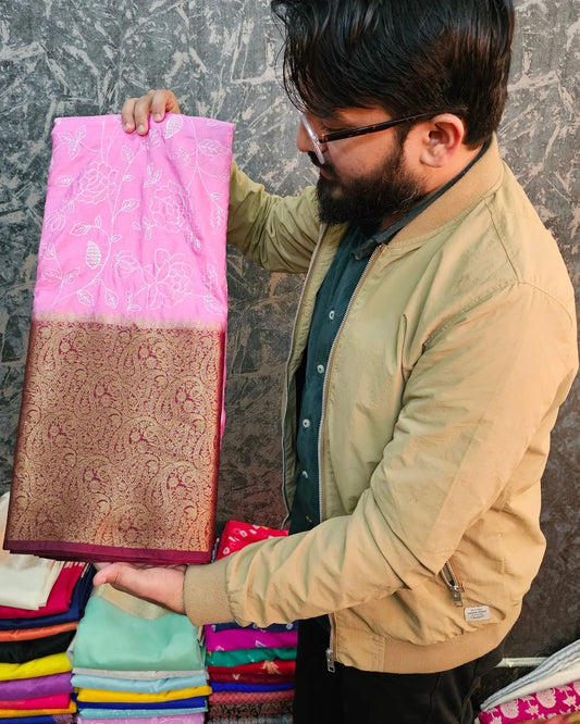 Premium Pink chikankari work on warm silk saree