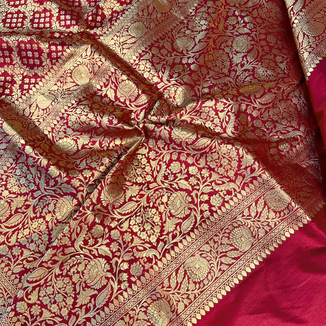 Bright Maroon Shade Pure Katan Silk Banarasi Saree