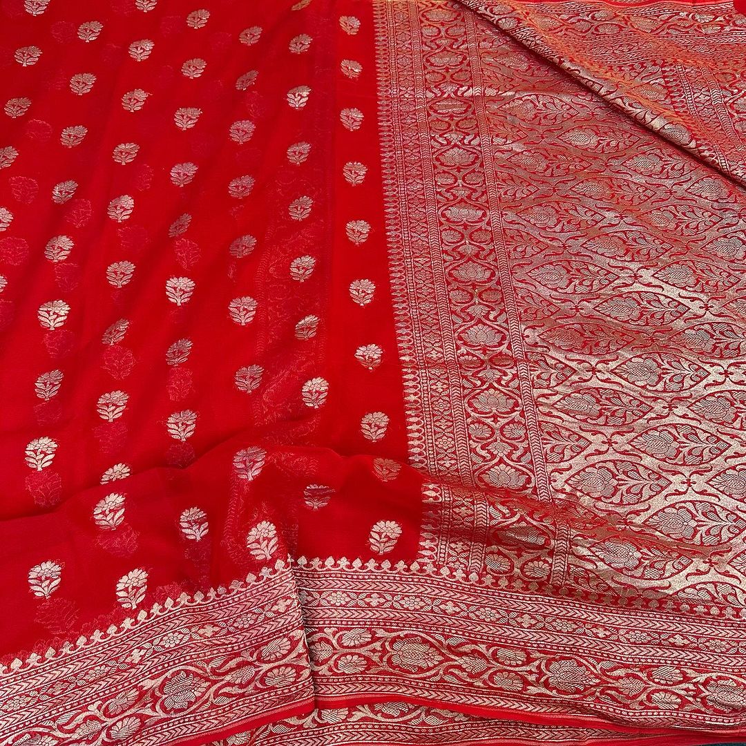 An Exclusive Bright Red Pure Khaddi Georgette Silk Saree