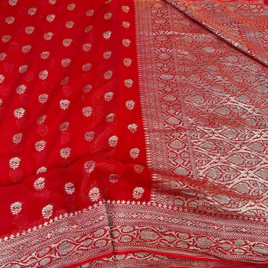 An Exclusive Bright Red Pure Khaddi Georgette Silk Saree