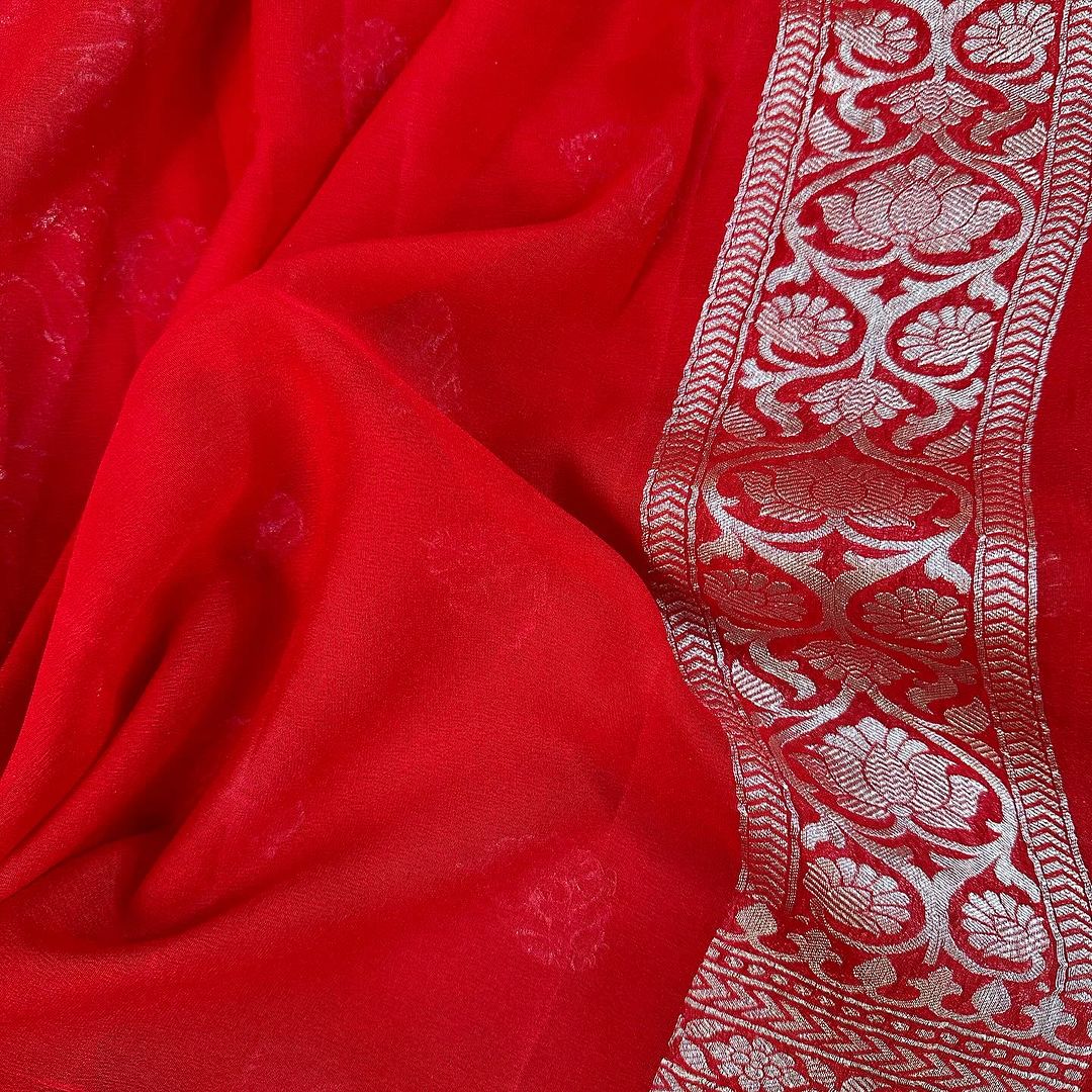 An Exclusive Bright Red Pure Khaddi Georgette Silk Saree