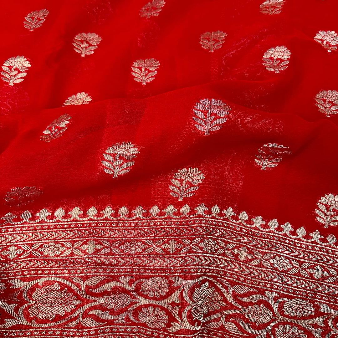 An Exclusive Bright Red Pure Khaddi Georgette Silk Saree