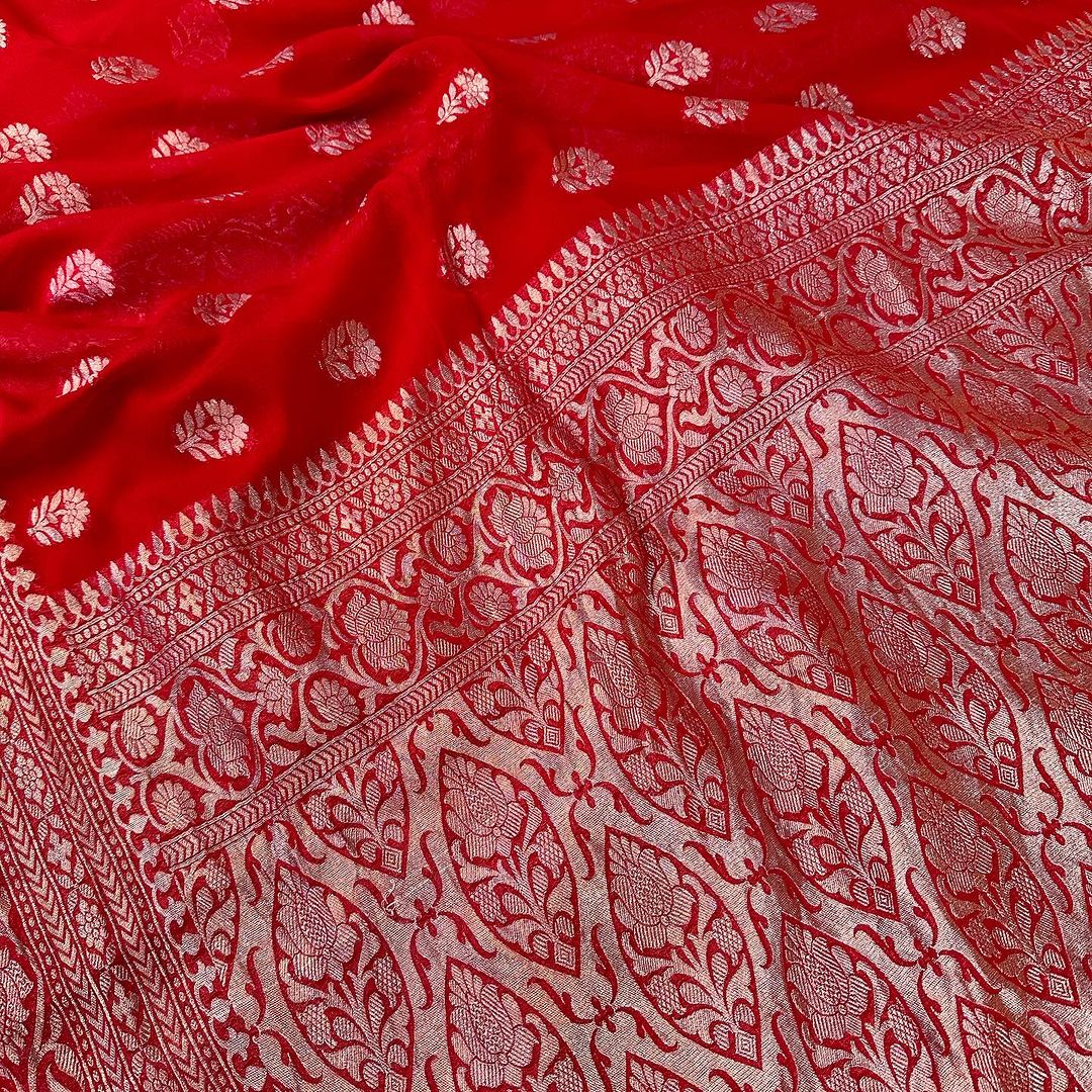 An Exclusive Bright Red Pure Khaddi Georgette Silk Saree