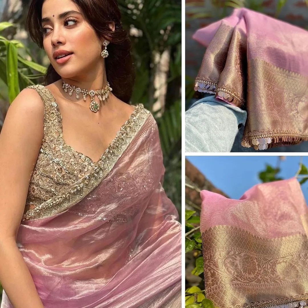 Jhanvi Kapoor styled in tissue organza saree in pastel pink !!