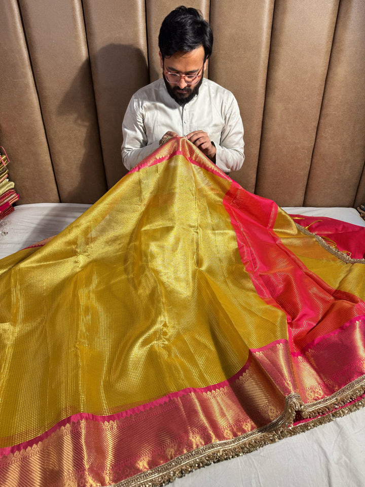 Yellow Shade Banarasi tissue silk saree with lace work