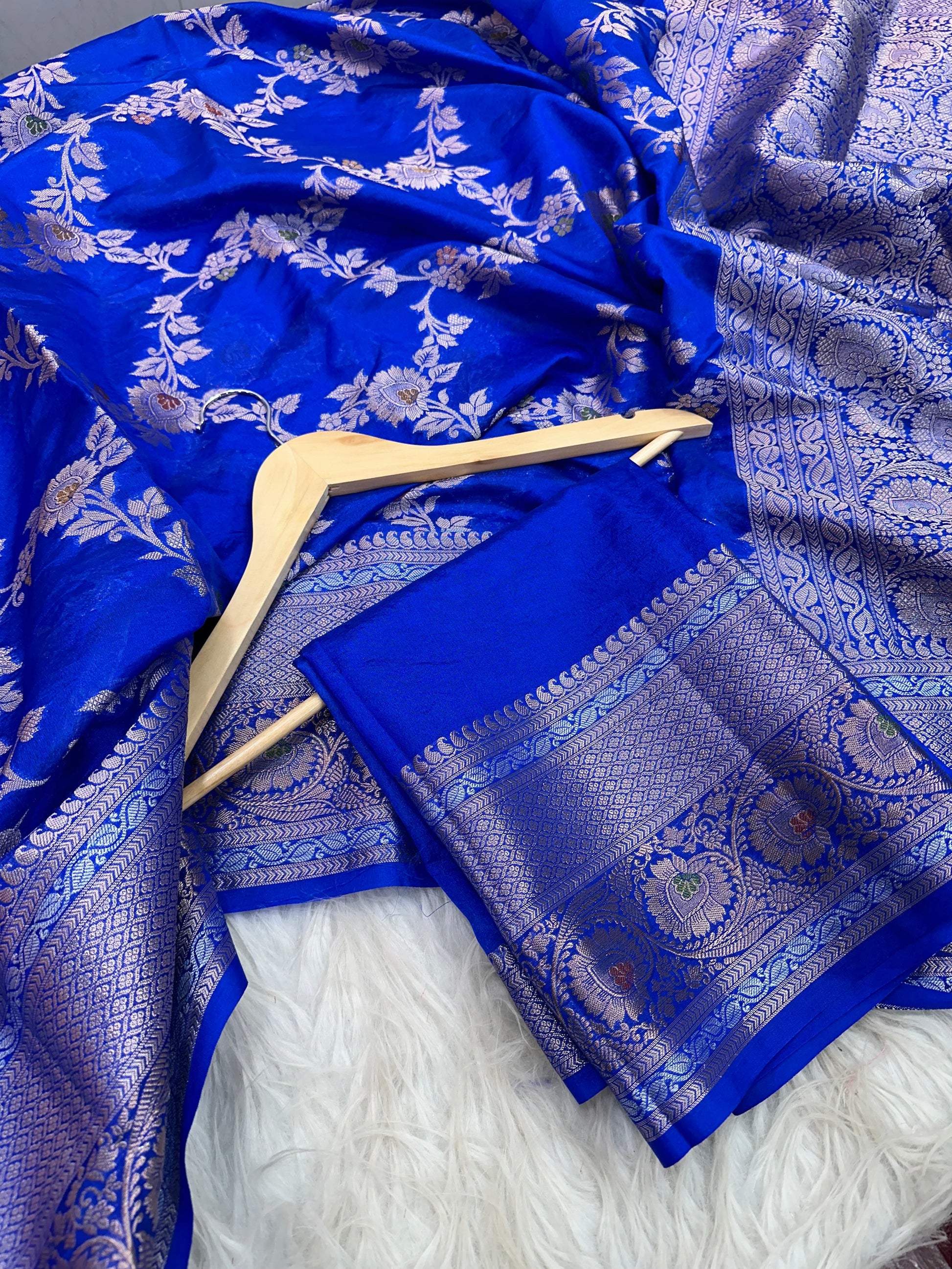 Bright Blue Chinia Silk Banarasi Saree