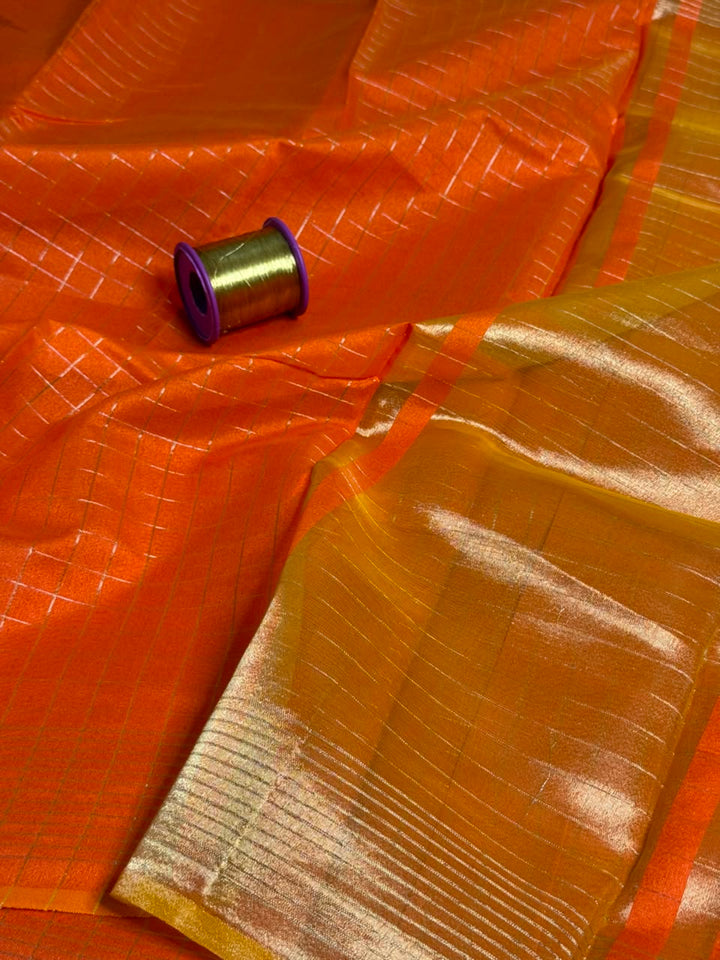 Orange Zari Check Cotton Banarasi Saree