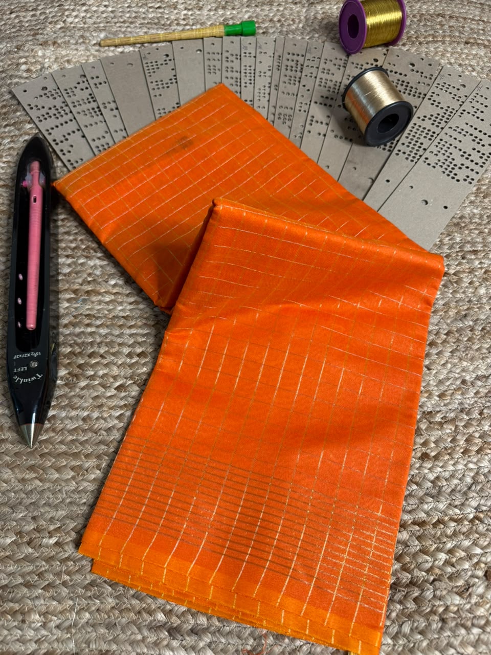 Orange Zari Check Cotton Banarasi Saree