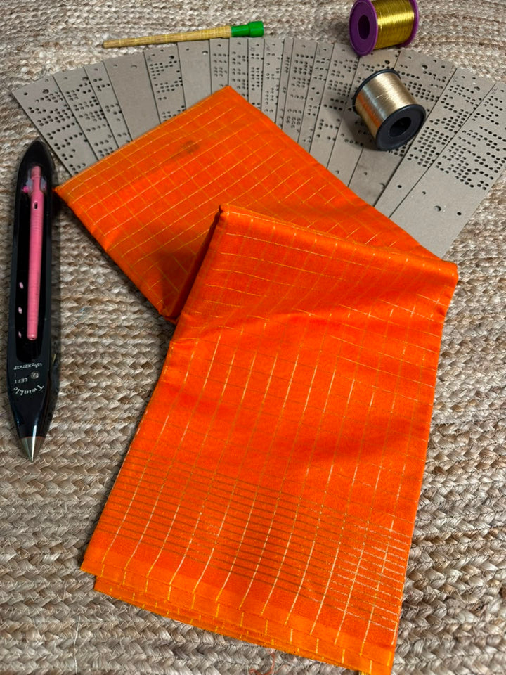 Orange Zari Check Cotton Banarasi Saree