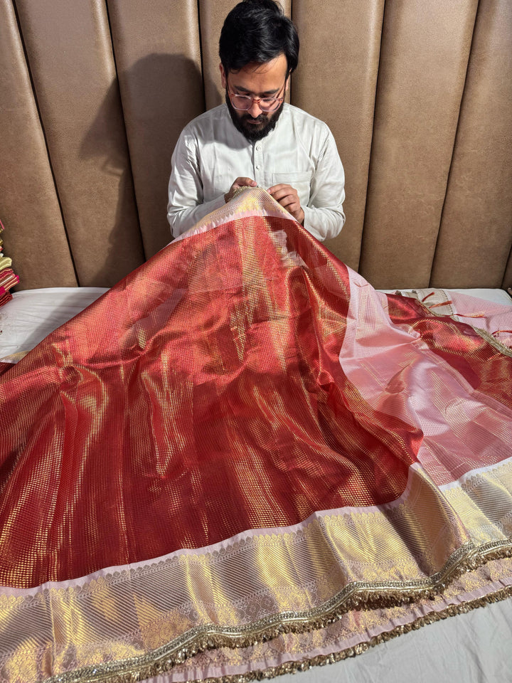 Red Banarasi tissue silk saree with lace work