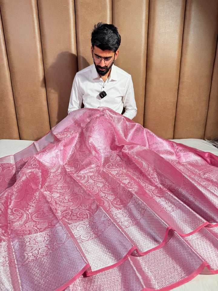 Metallic Pink Glass Tissue Silk Floral Weave Banarasi Saree