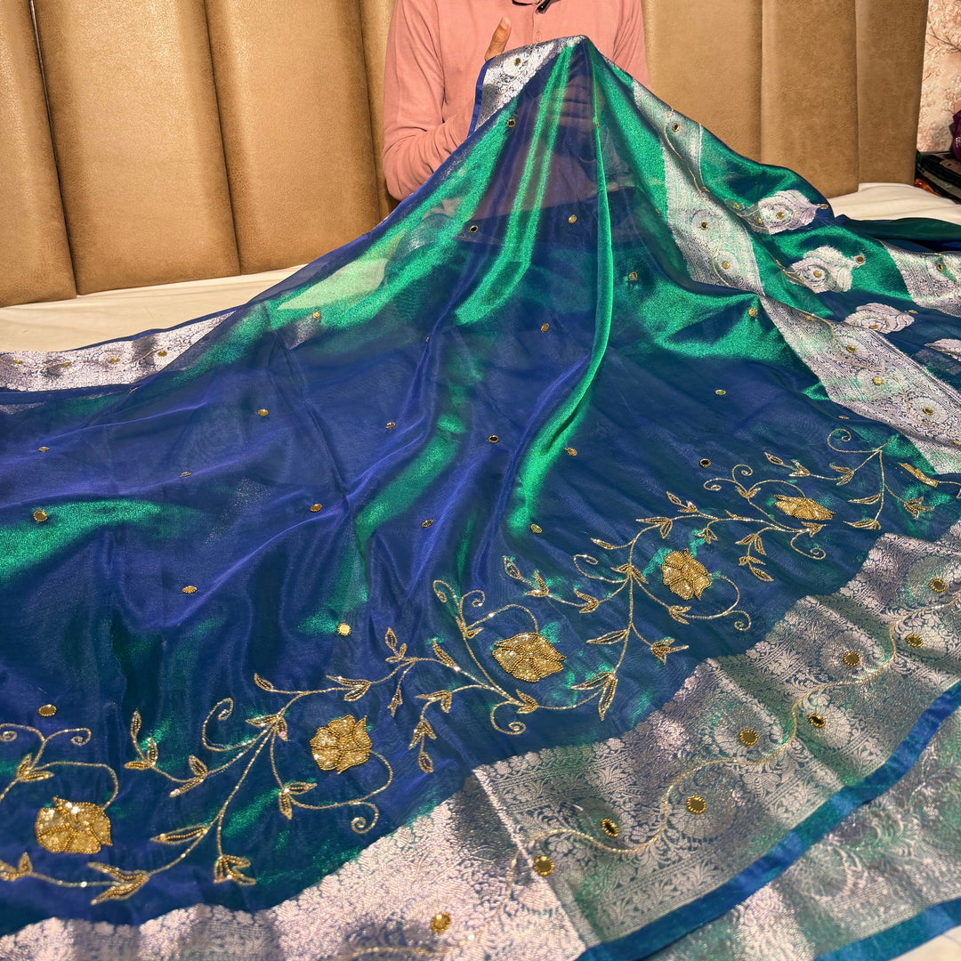 Rare Peacock Kora Tissue Intricate Handwork Banarasi Saree