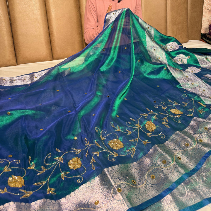 Rare Peacock Kora Tissue Intricate Handwork Banarasi Saree