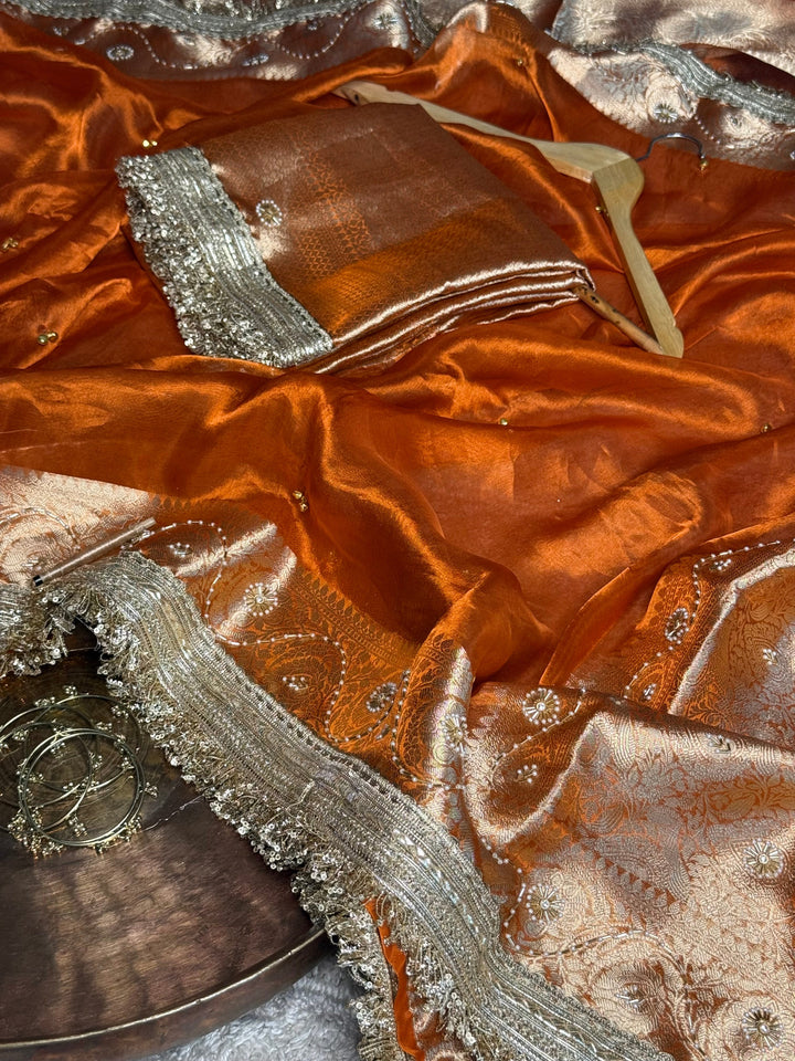 Metallic Orange Pure Tissue Silk Ghungroo Handwork Saree