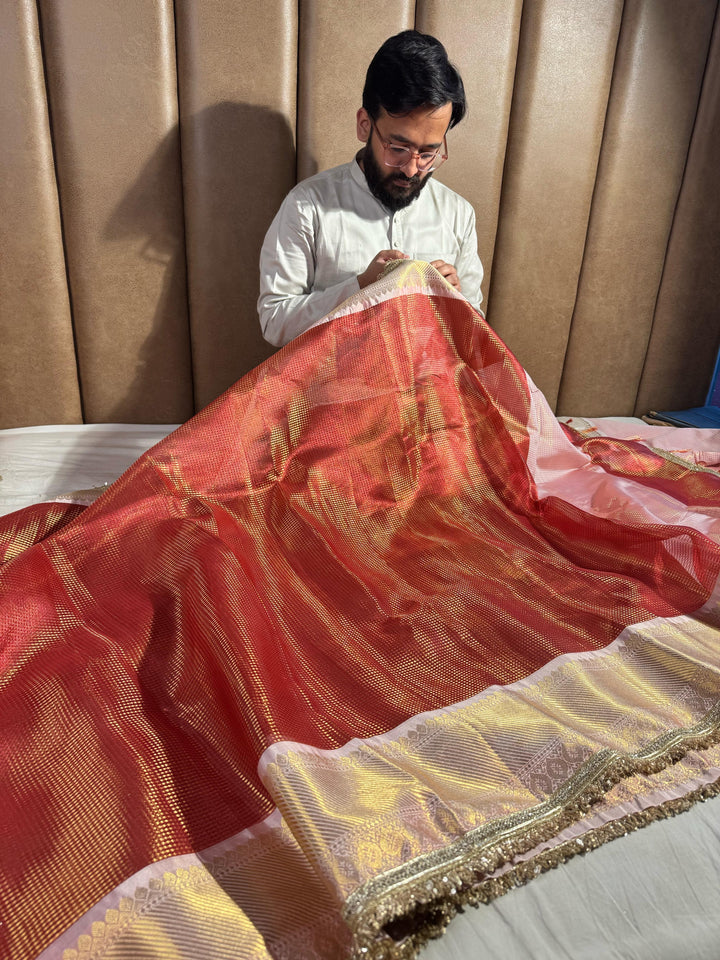 Red Banarasi tissue silk saree with lace work