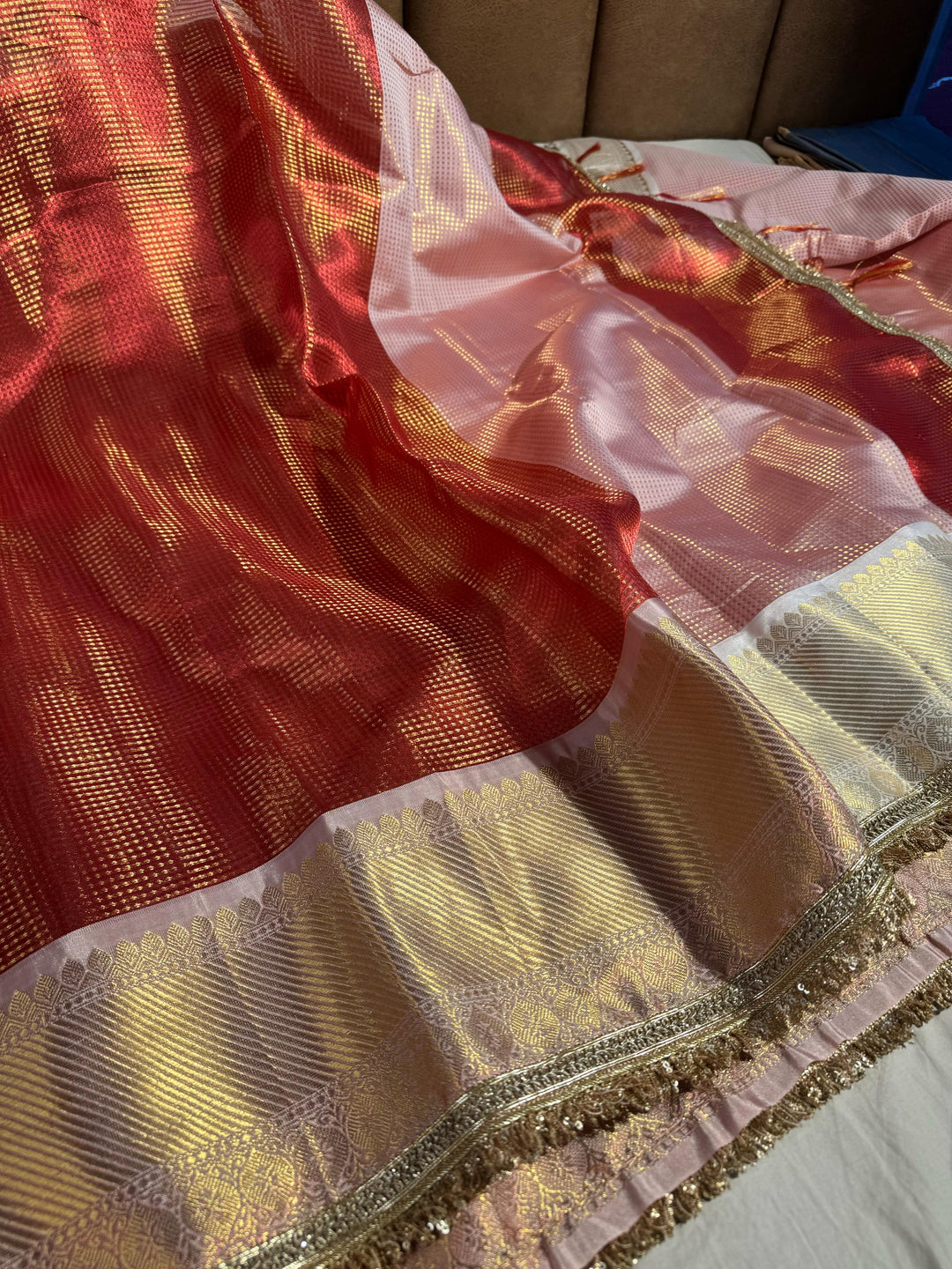 Red Banarasi tissue silk saree with lace work