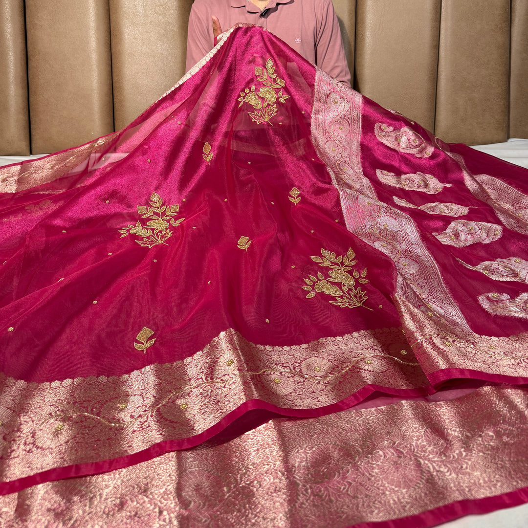 Rani Pink Kora Tissue Intricate Handwork Banarasi Saree
