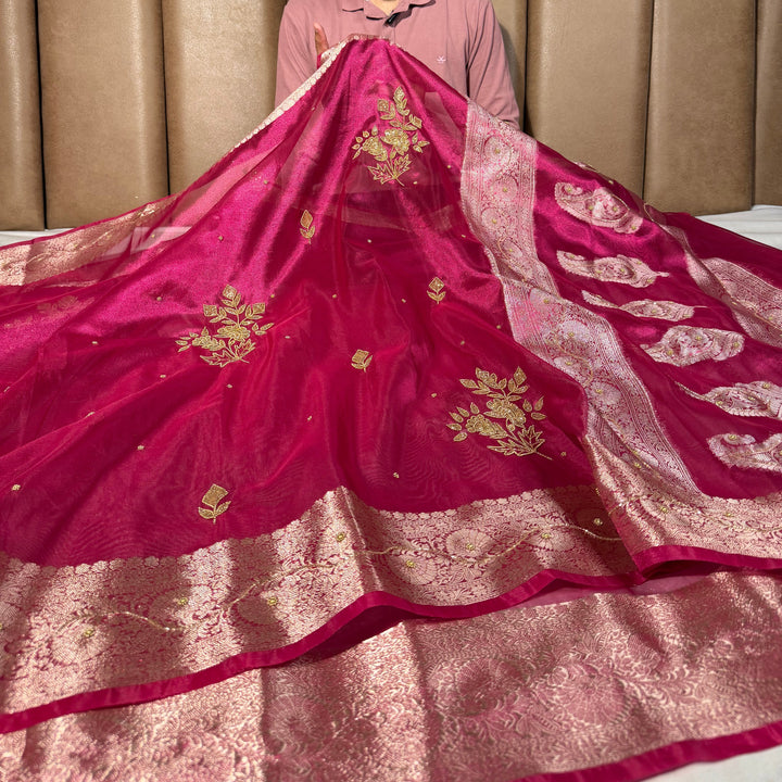 Rani Pink Kora Tissue Intricate Handwork Banarasi Saree