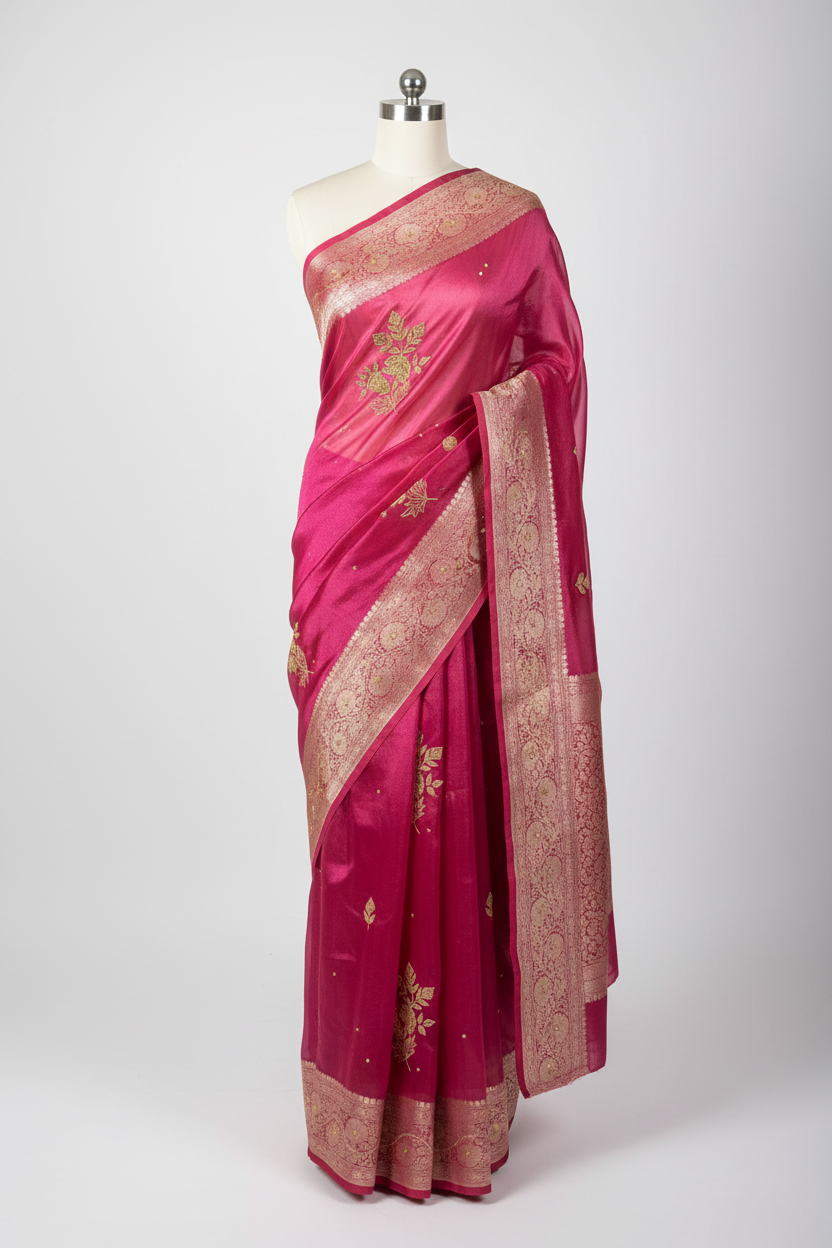 Rani Pink Kora Tissue Intricate Handwork Banarasi Saree