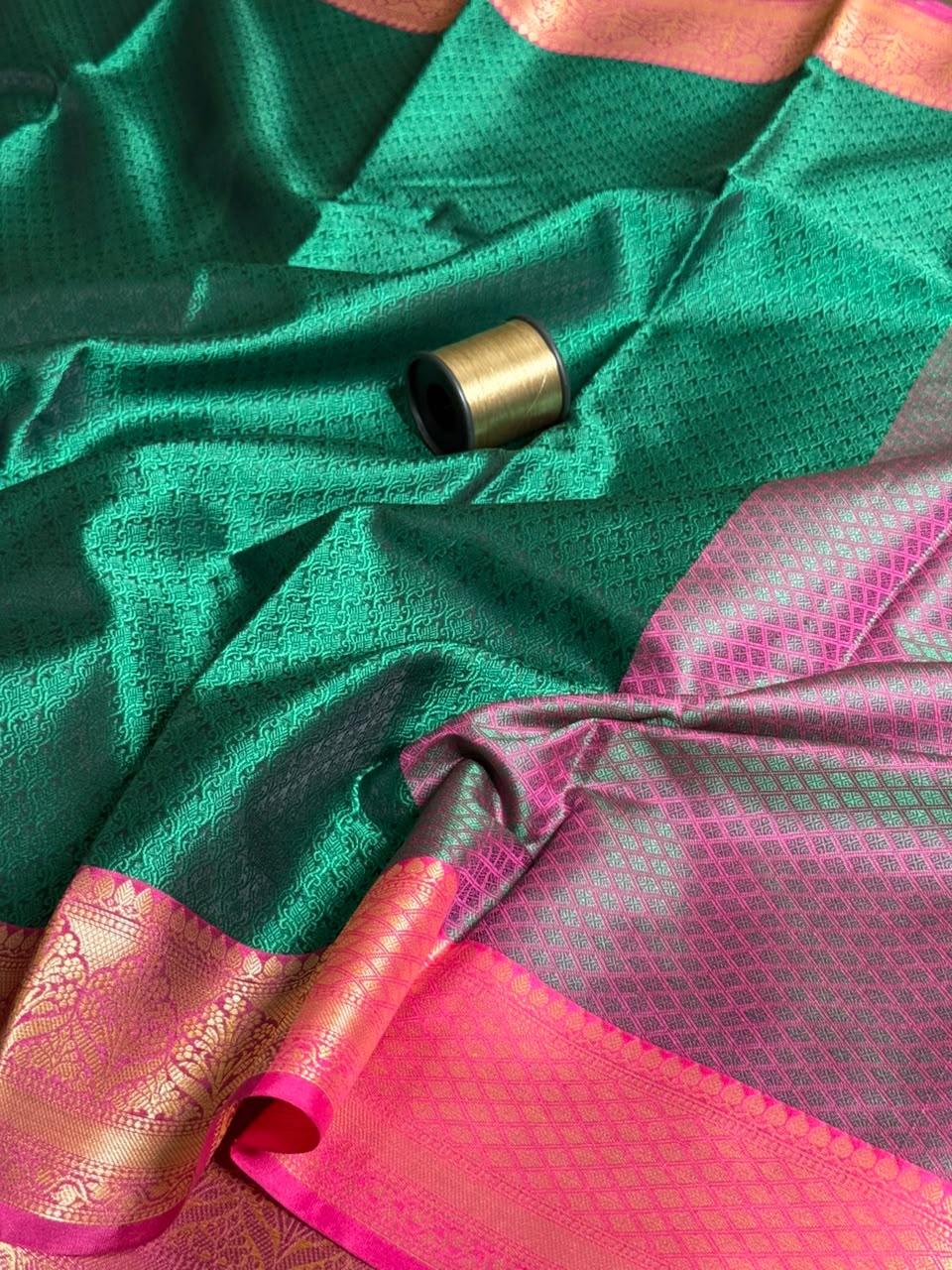 Dark Green Embossed Kora Tanchio Saree