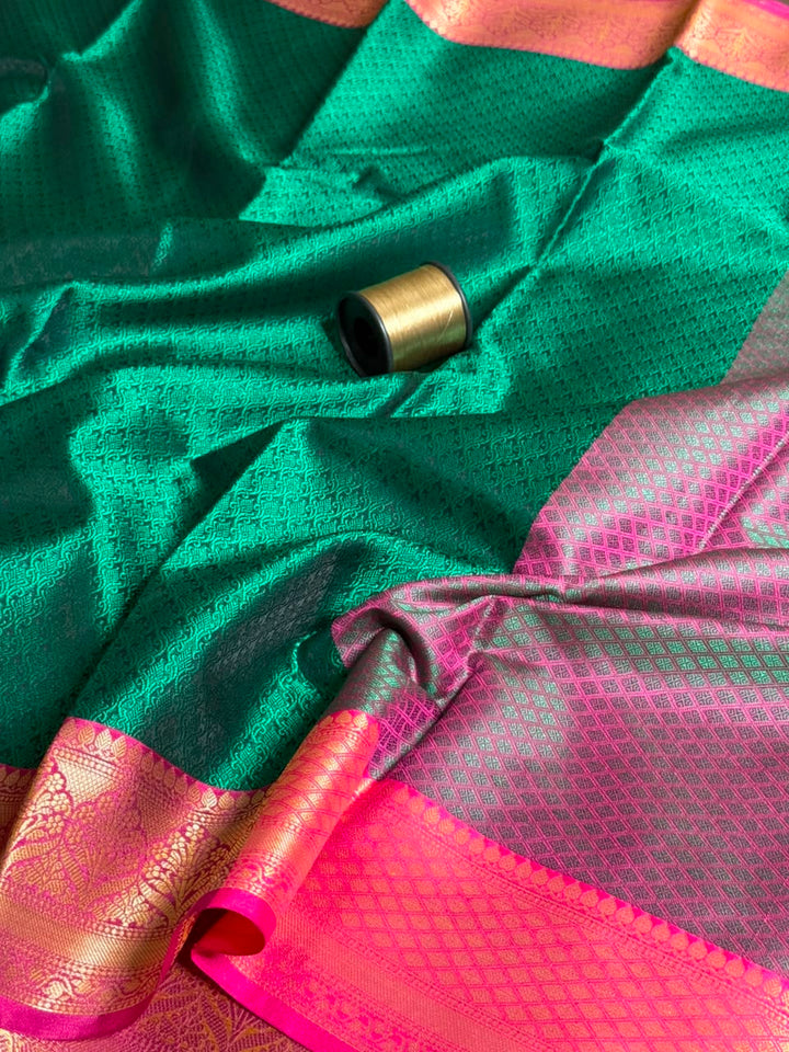 Dark Green Embossed Kora Tanchio Saree