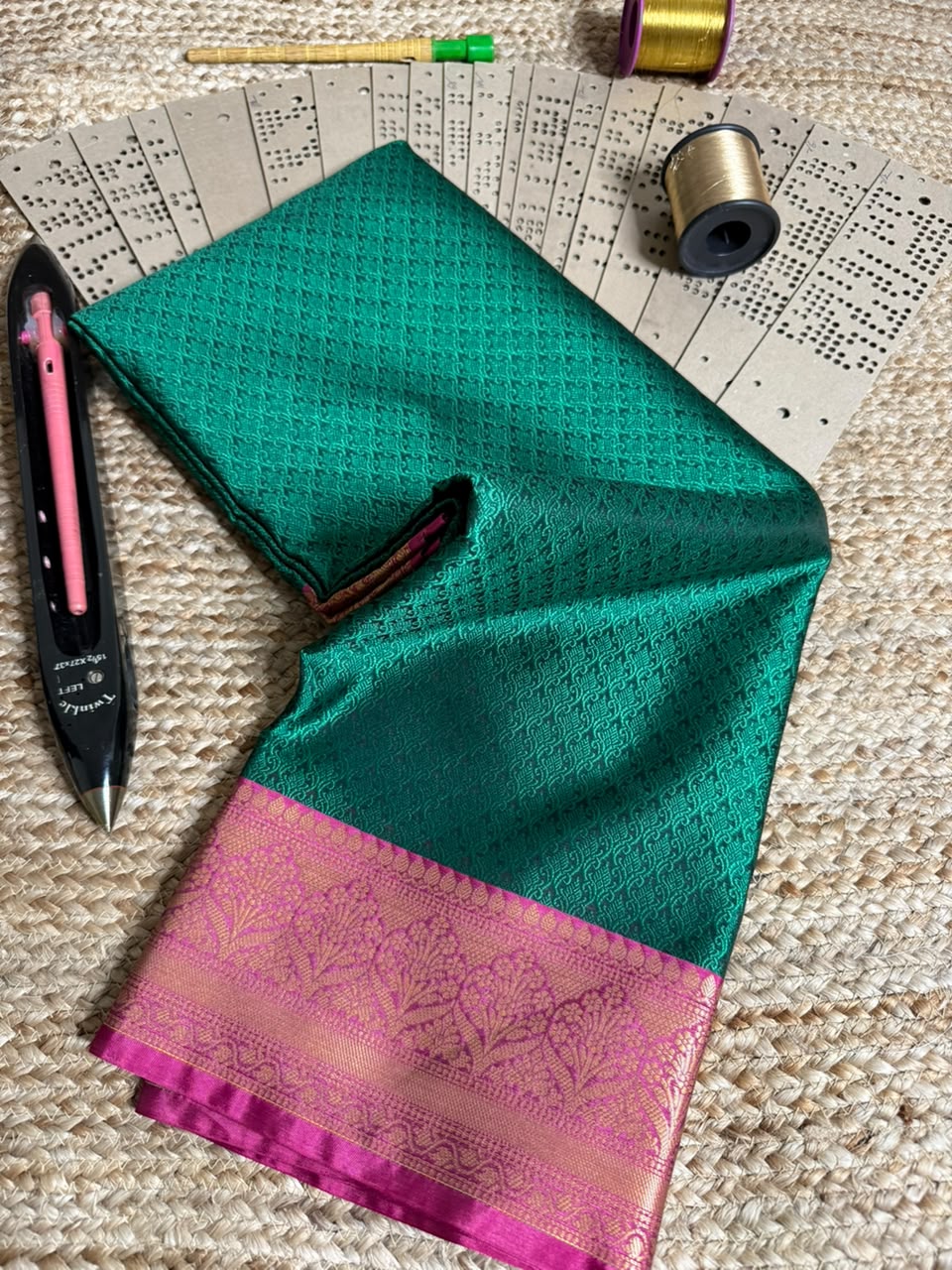 Dark Green Embossed Kora Tanchio Saree