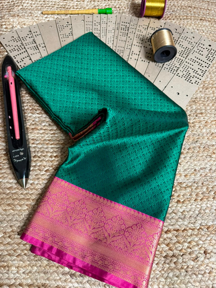 Dark Green Embossed Kora Tanchio Saree