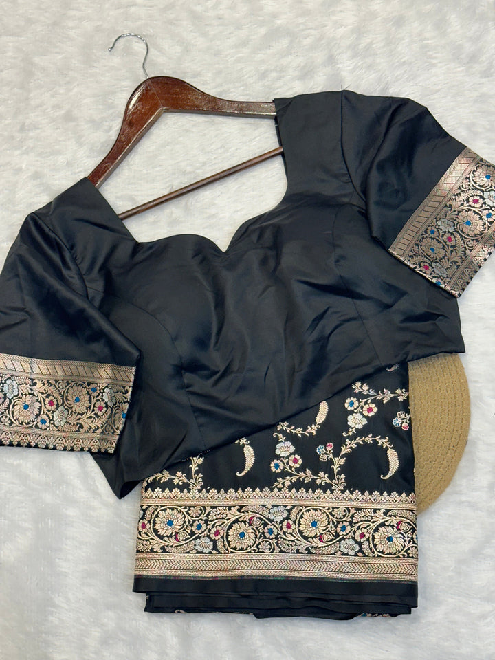 Jet Black Mashru Katan Silk Intricate Meenakari Banarasi Saree