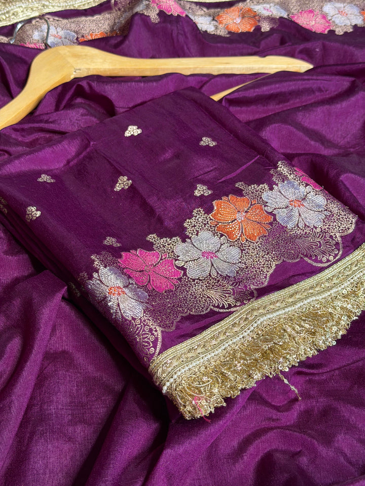 Bright Purple Warm Silk Contemporary Lace Work Saree
