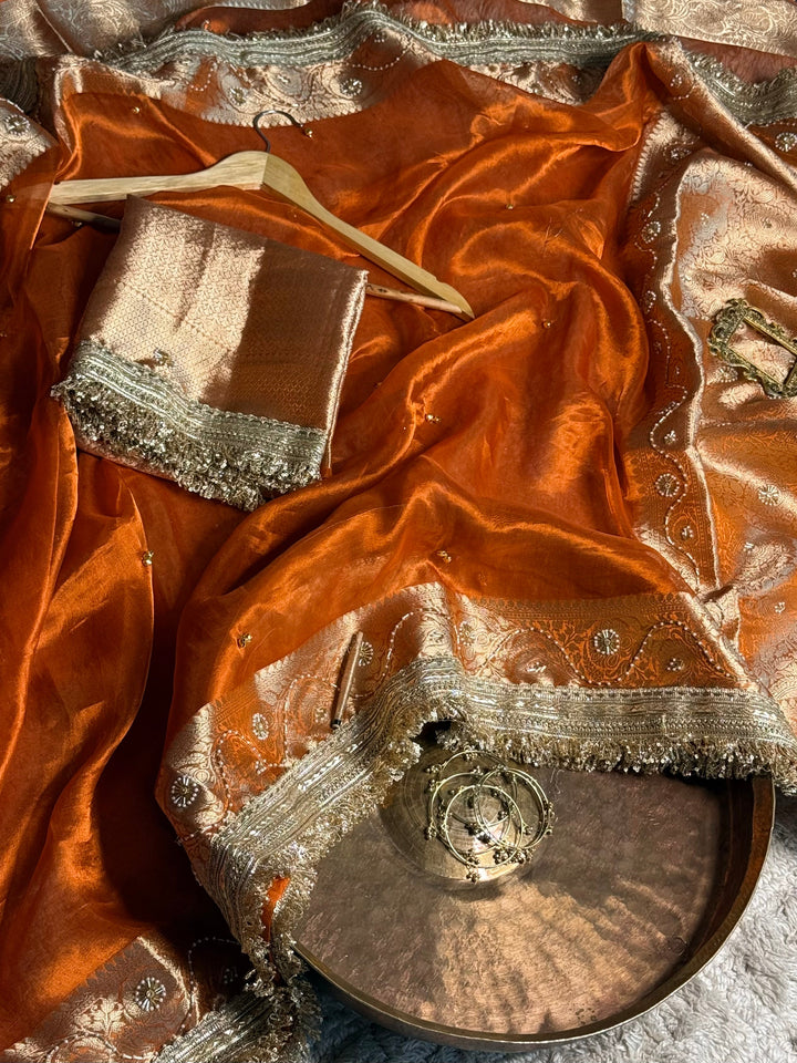 Metallic Orange Pure Tissue Silk Ghungroo Handwork Saree