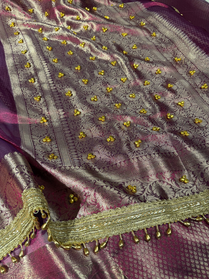 Metallic Violet Kora Tissue Viral Ghungroo Saree