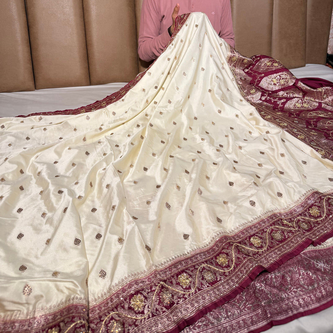 Off White Mashru Katan Silk Handwork Banarasi Saree