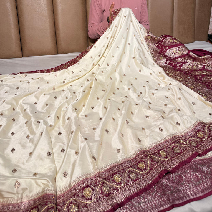 Off White Mashru Katan Silk Handwork Banarasi Saree