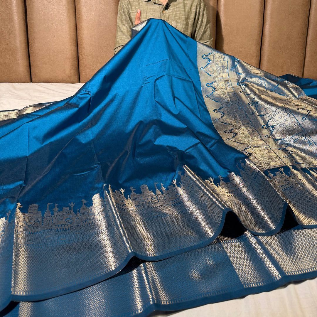 Light Blue Ghats Border Softsilk Banarasi Saree