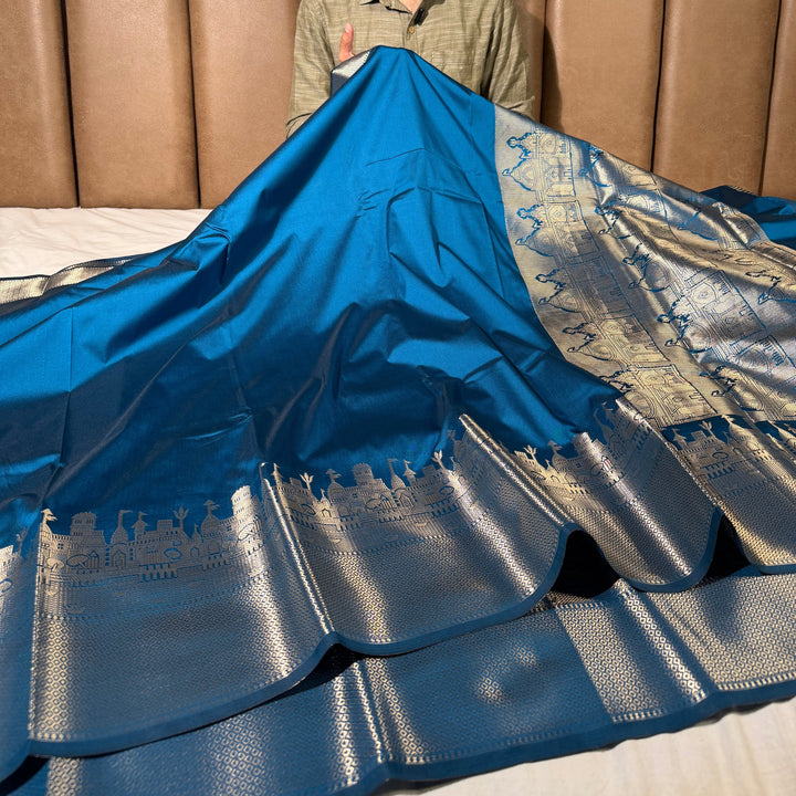 Light Blue Ghats Border Softsilk Banarasi Saree